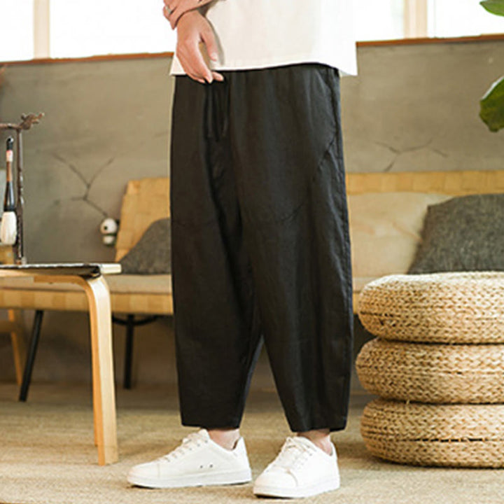 Buddha Stonesカジュアル レトロ 無地 シンプルデザイン ドローストリング メンズ リネン 伸縮性ウエストバンド ハーレムパンツ ポケット付き - image 12