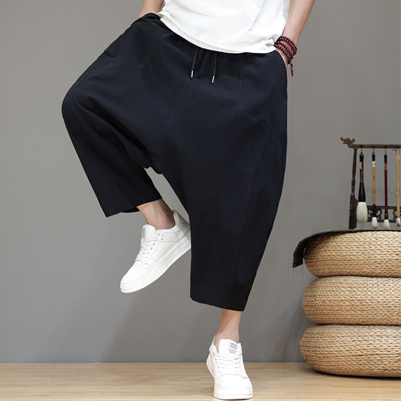 Buddha Stonesカジュアル 無地 ロークロッチデザイン ドローストリング メンズ コットン 伸縮性ウエストバンド ワイドレッグパンツ ポケット付き - image 20