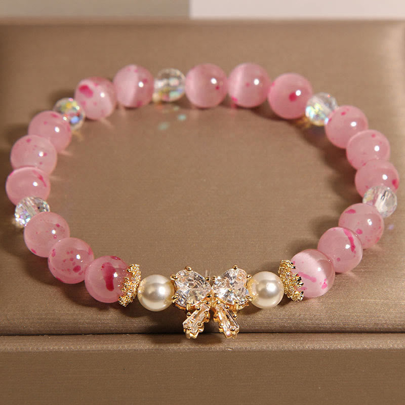 Buddha Stones桜 ピンク キャッツアイ パール 蝶結び ロゼット サポート ブレスレット