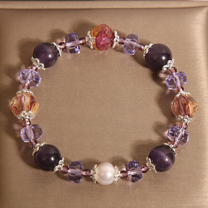 Buddha Stones天然アメジストパールクリスタル ポジティブブレスレット