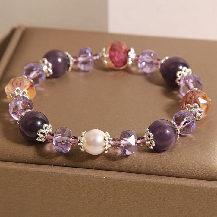 Buddha Stones天然アメジストパールクリスタル ポジティブブレスレット