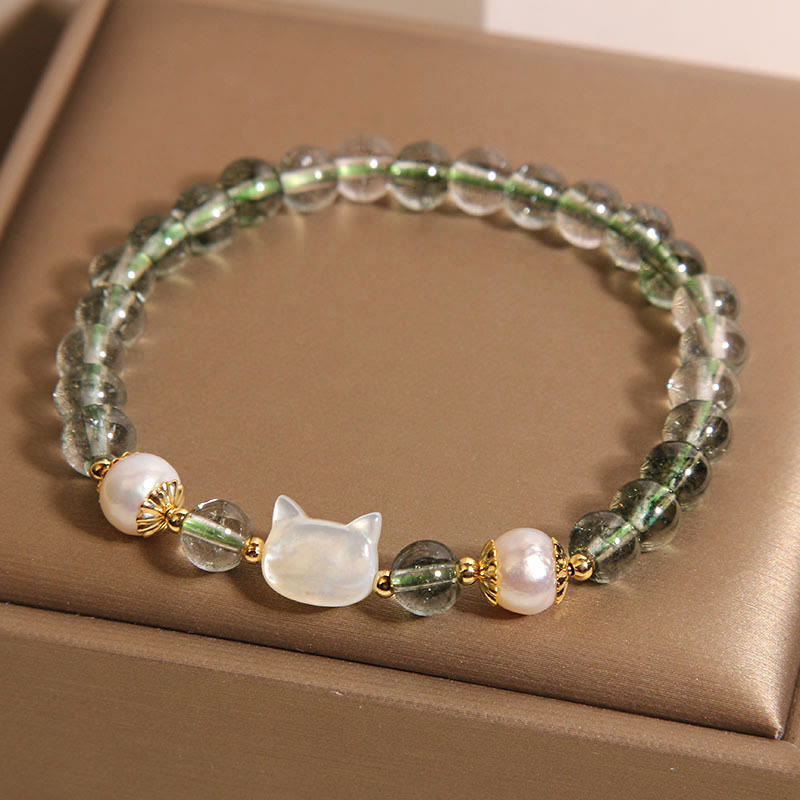 Buddha Stones天然グリーンファントムパールシェル猫頭ラッキーブレスレット - グリーンファントム（手首周り14～16cm） - image 1