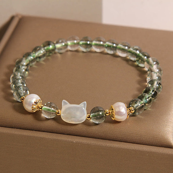 Buddha Stones天然グリーンファントムパールシェル猫頭ラッキーブレスレット - image 6