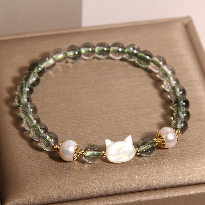Buddha Stones天然グリーンファントムパールシェル猫頭ラッキーブレスレット - image 2