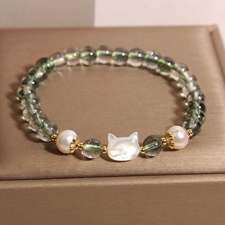 Buddha Stones天然グリーンファントムパールシェル猫頭ラッキーブレスレット - image 5