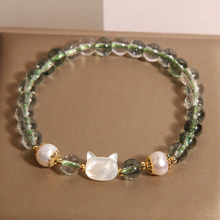 Buddha Stones天然グリーンファントムパールシェル猫頭ラッキーブレスレット - image 4