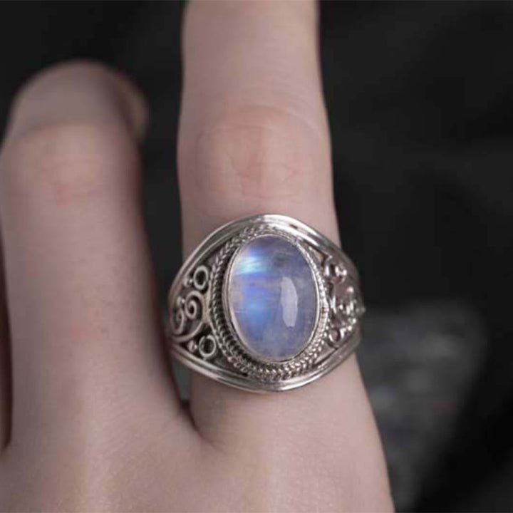 Buddha Stones 925スターリングシルバー ハンドメイド 天然ムーンストーン ヒーリング 調節可能リング
