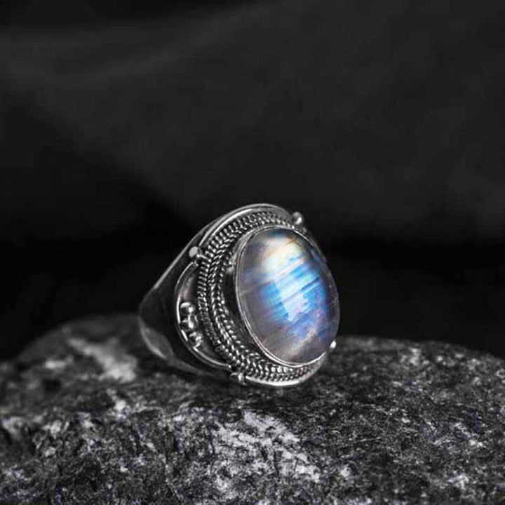 Buddha Stones 925スターリングシルバー ハンドメイド 天然ムーンストーン ヒーリング 調節可能リング