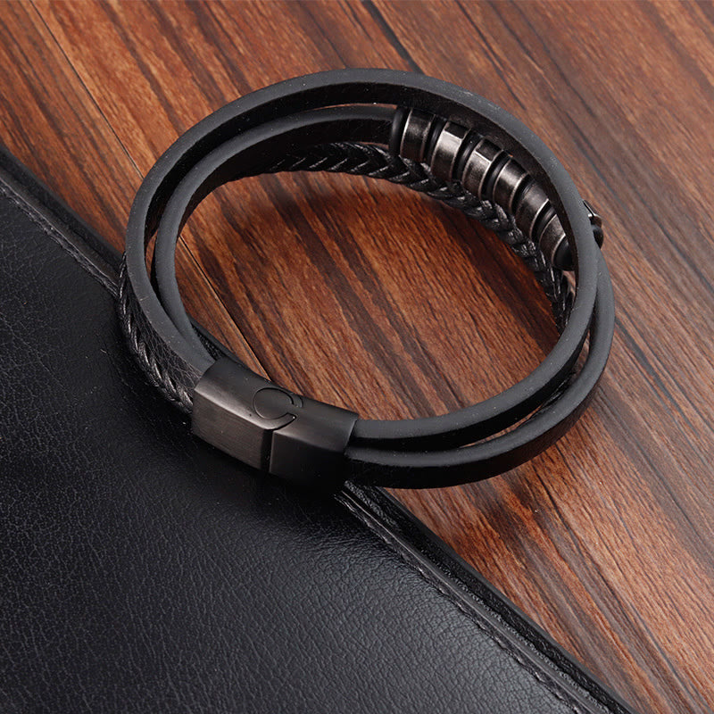 Buddha Stonesシンプル チタン鋼編み 3層レザーバックル カームブレスレット