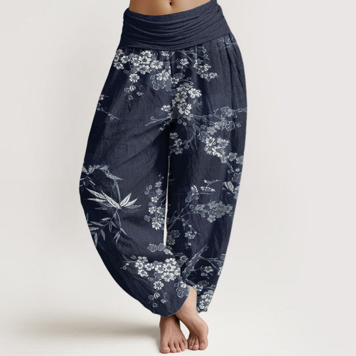Buddha Stones純綿 ホワイト 桜柄 レディース ウエストゴム ハーレムパンツ - ミッドナイトブルー - US22、 UK/AU26、 EU54 (6XL) - image 0
