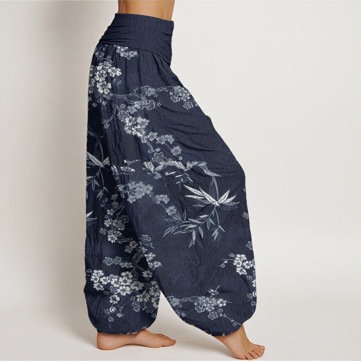 Buddha Stones純綿 ホワイト 桜柄 レディース ウエストゴム ハーレムパンツ - image 1