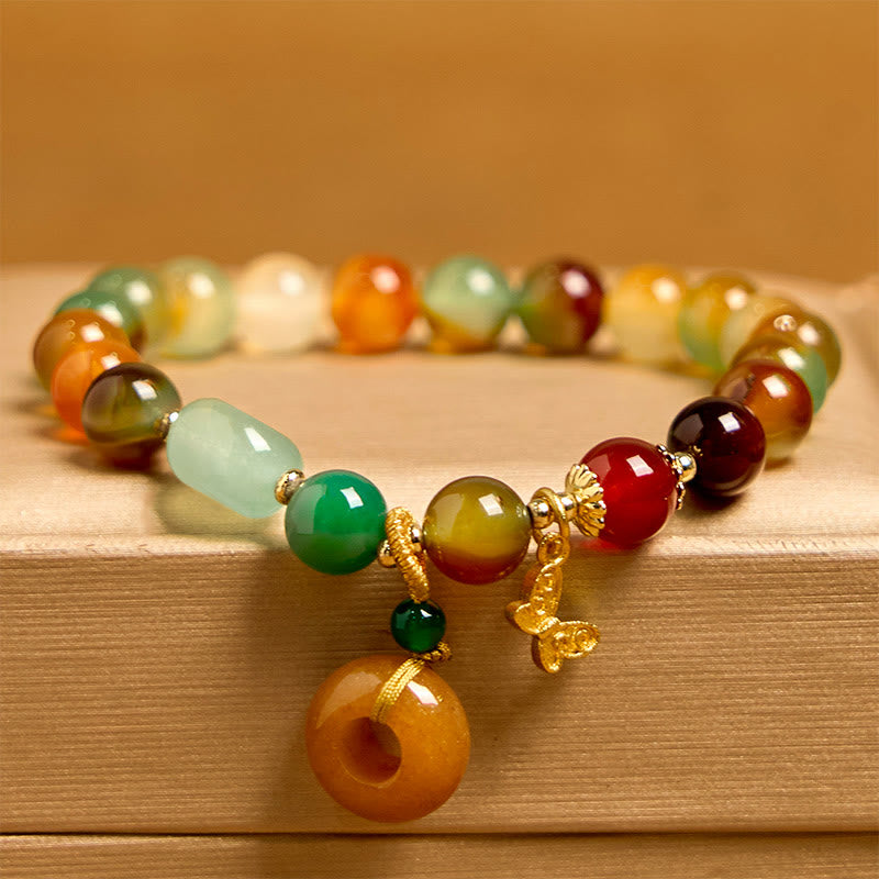 Buddha Stones天然 カラフル 孔雀瑪瑙 バタフライ ピースバックル スズラン サポートブレスレット