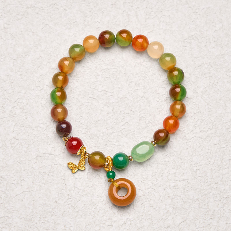 Buddha Stones天然 カラフル 孔雀瑪瑙 バタフライ ピースバックル スズラン サポートブレスレット