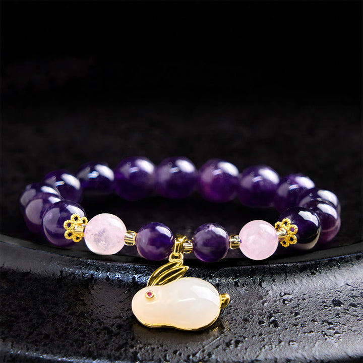 Buddha Stones天然アメジストウサギビーズ内なる平和ブレスレット