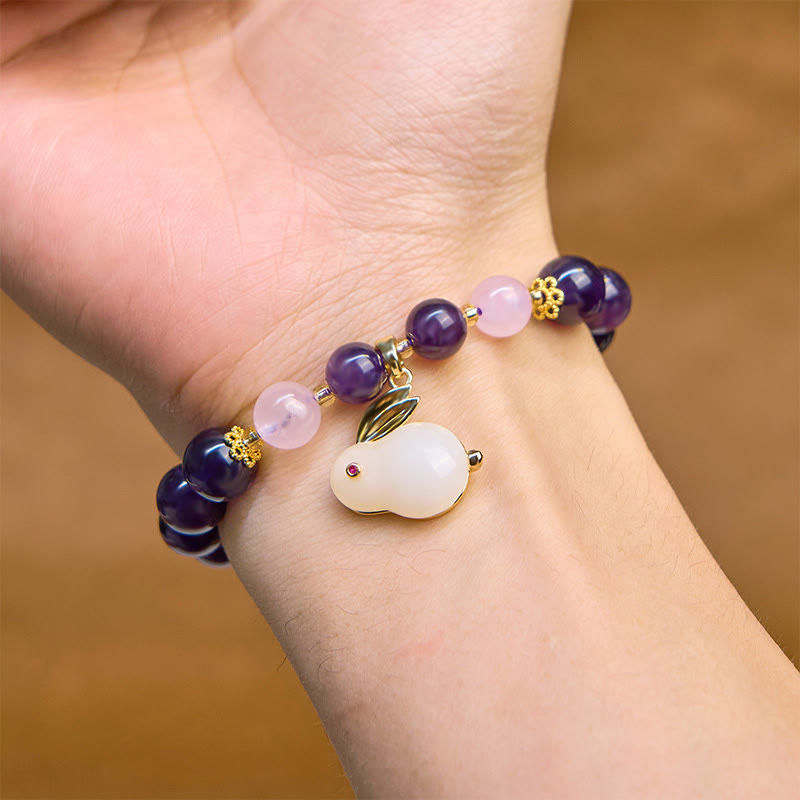 Buddha Stones天然アメジストウサギビーズ内なる平和ブレスレット