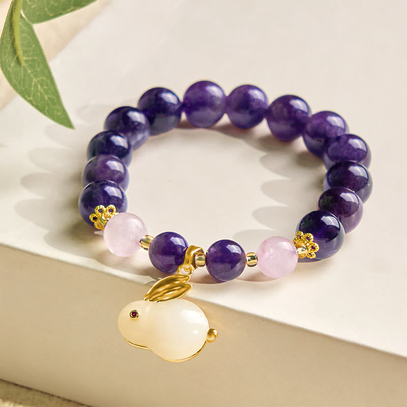 Buddha Stones天然アメジストウサギビーズ内なる平和ブレスレット