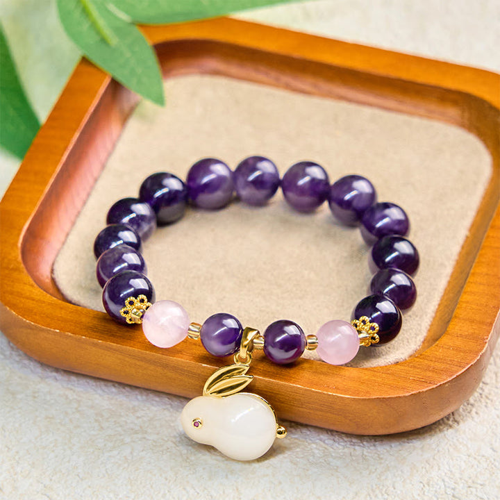 Buddha Stones天然アメジストウサギビーズ内なる平和ブレスレット