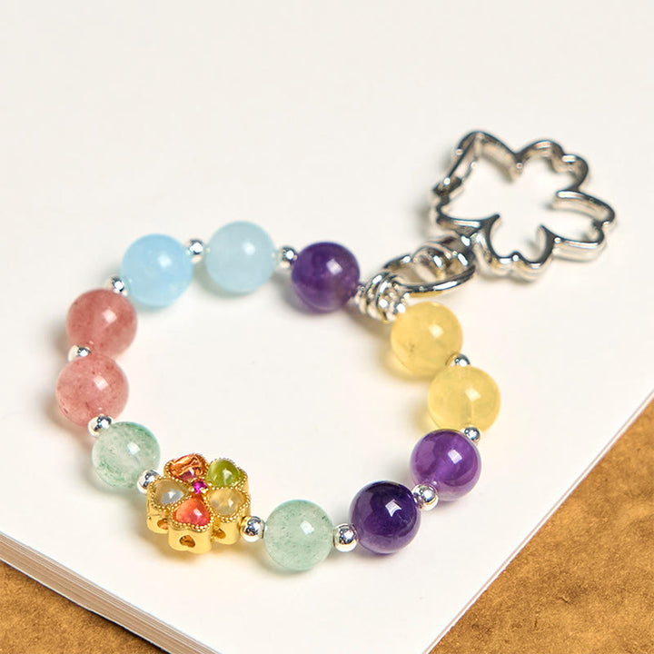 Buddha Stones天然 ストロベリークォーツ アメジスト シトリン アクアマリン フラワー キーチェーン 吊り下げ装飾