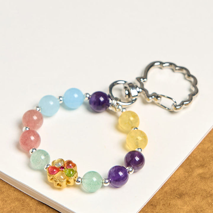 Buddha Stones天然 ストロベリークォーツ アメジスト シトリン アクアマリン フラワー キーチェーン 吊り下げ装飾