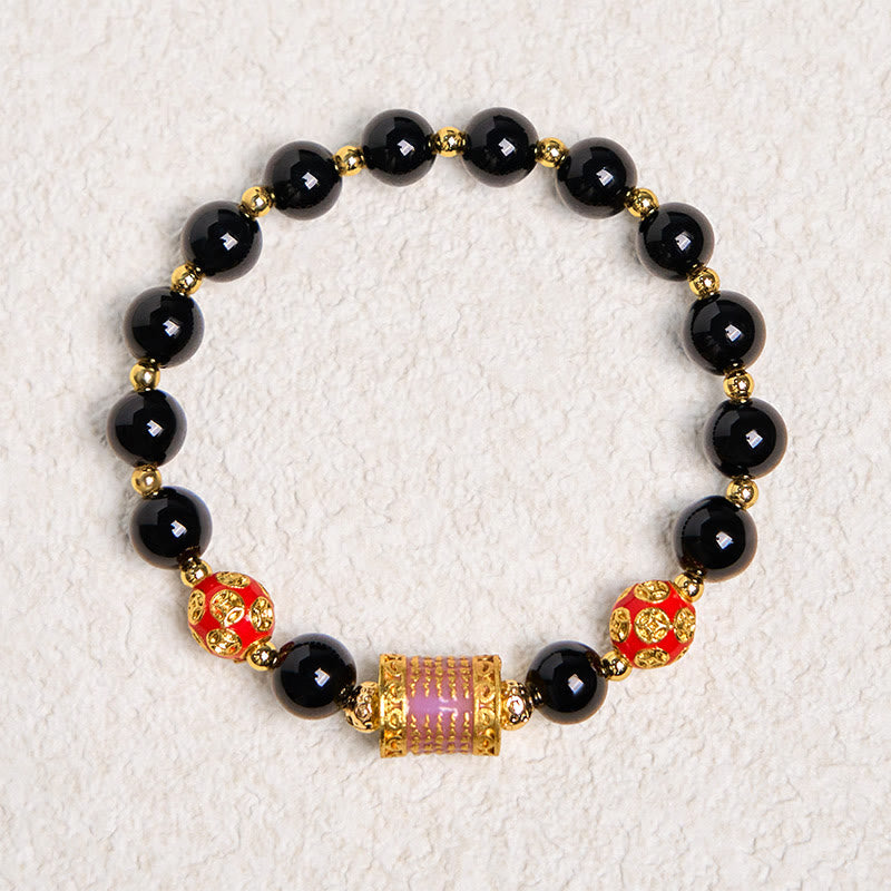 Buddha Stones天然ブラックオニキス 五経銅貨 幸運のブレスレット