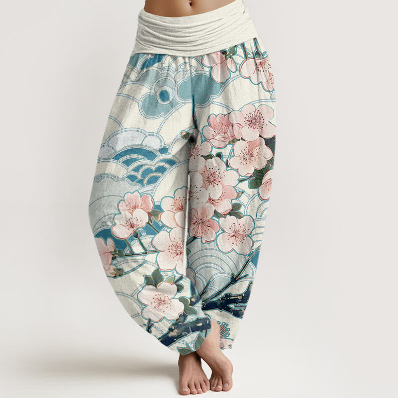 Buddha Stones桜 波模様 レディース 伸縮性ウエスト ハーレムパンツ - ロイヤルブルー - US22、 UK/AU26、 EU54 (6XL) - image 1