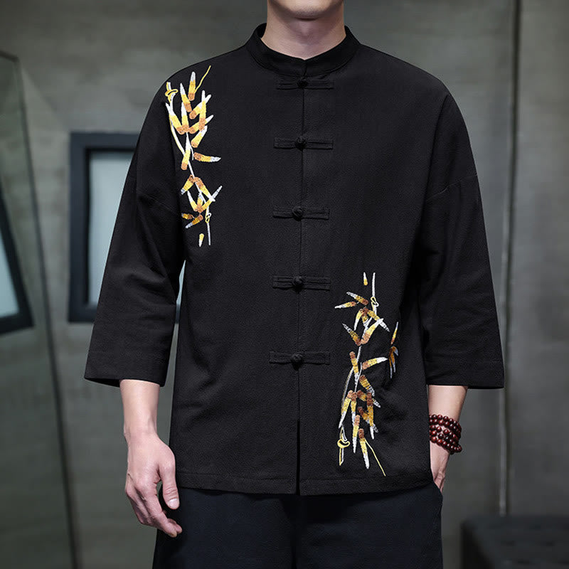 Buddha Stones刺繍メンズ中国風フロッグボタン七分袖シャツ