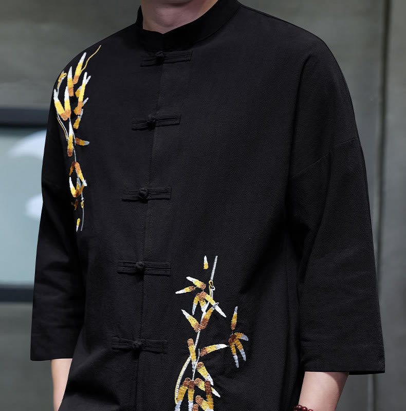 Buddha Stones刺繍メンズ中国風フロッグボタン七分袖シャツ - image 4