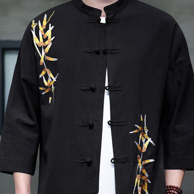 Buddha Stones刺繍メンズ中国風フロッグボタン七分袖シャツ - image 2