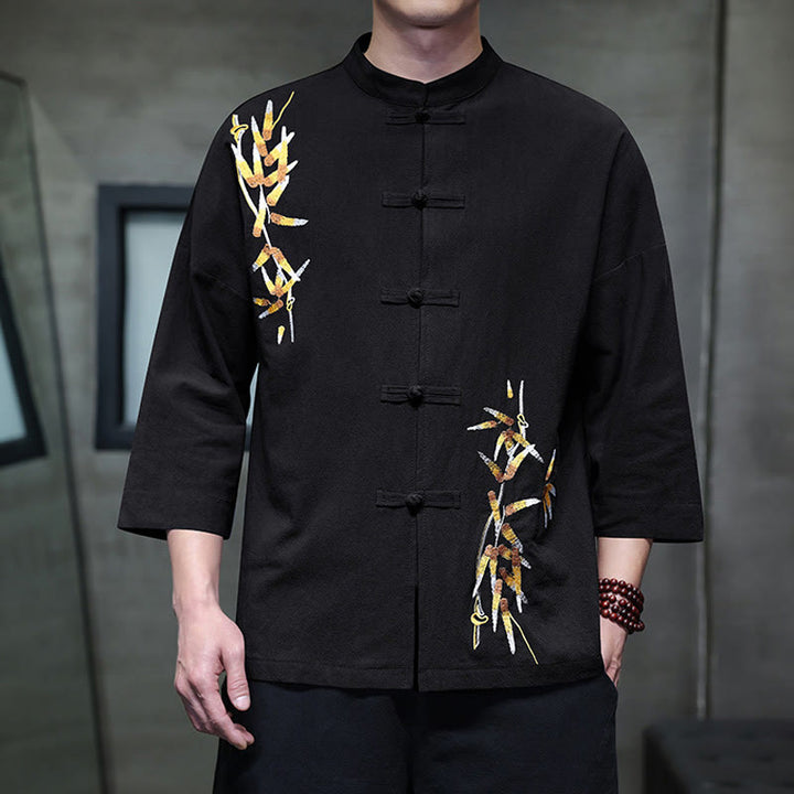 Buddha Stones刺繍メンズ中国風フロッグボタン七分袖シャツ - 黒 - US/UK/AU46、 EU56 (5XL) - image 0