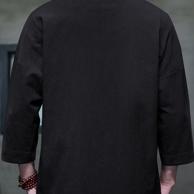 Buddha Stones刺繍メンズ中国風フロッグボタン七分袖シャツ - image 3