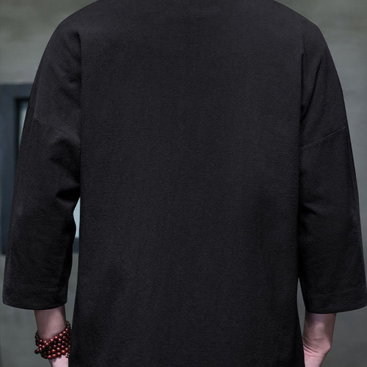 Buddha Stones刺繍メンズ中国風フロッグボタン七分袖シャツ - image 3