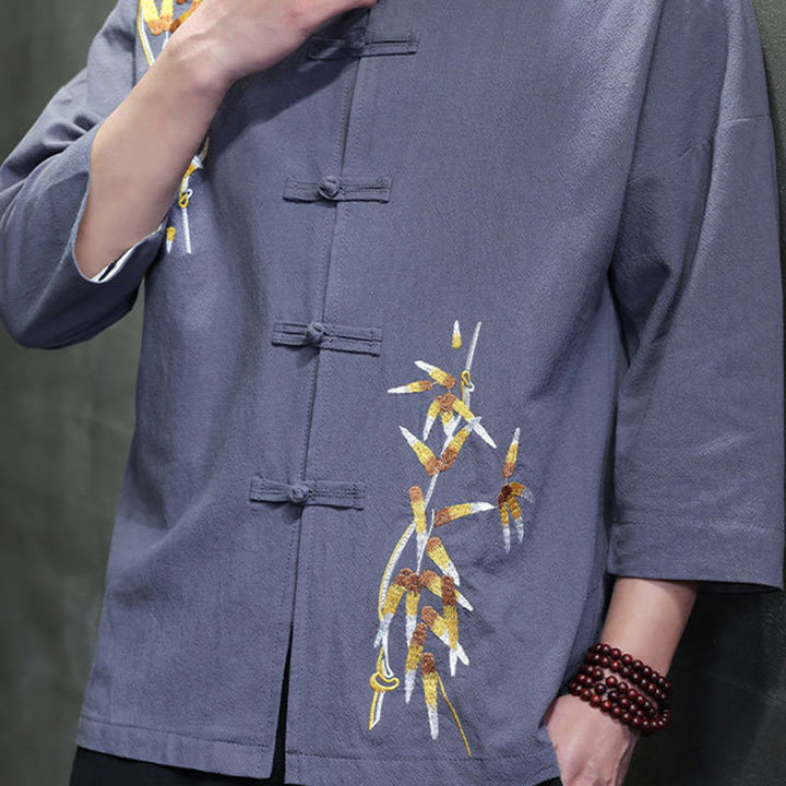 Buddha Stones刺繍メンズ中国風フロッグボタン七分袖シャツ - image 25