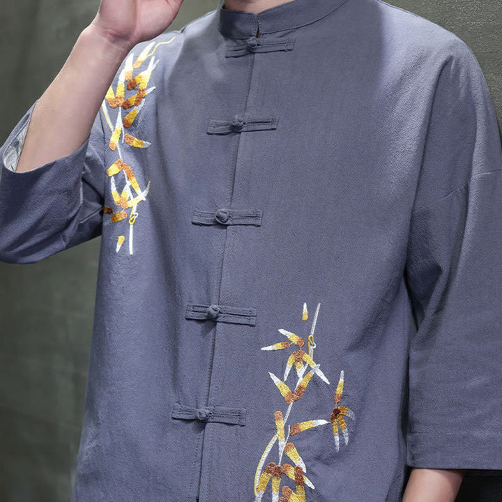 Buddha Stones刺繍メンズ中国風フロッグボタン七分袖シャツ - image 22