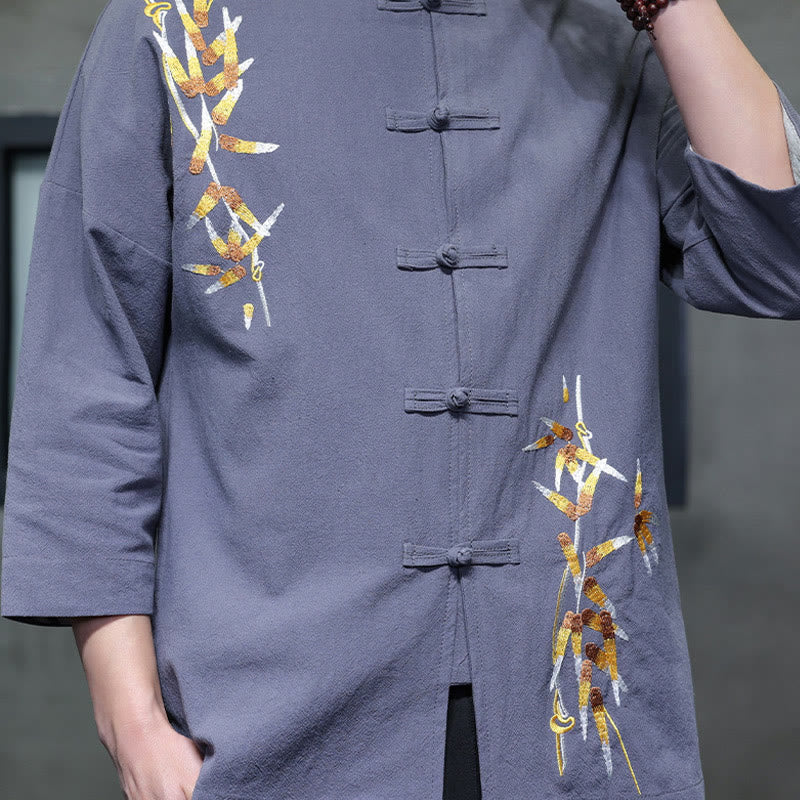 Buddha Stones刺繍メンズ中国風フロッグボタン七分袖シャツ - image 24