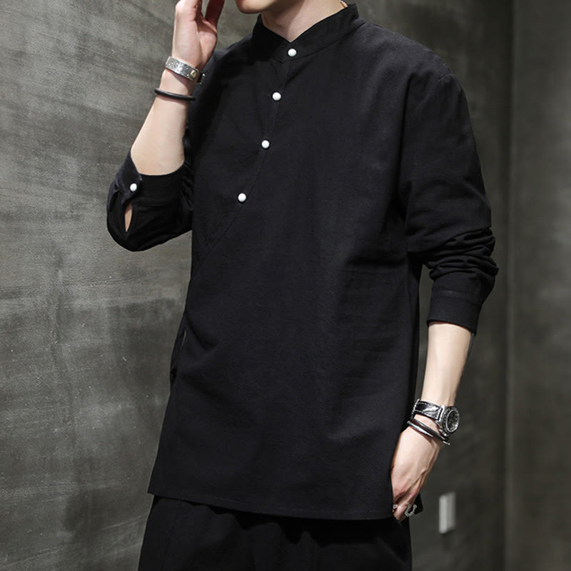 Buddha Stones無地 レースアップ シンプル ボタンデザイン メンズ 長袖 コットン リネン シャツ 服 - image 1