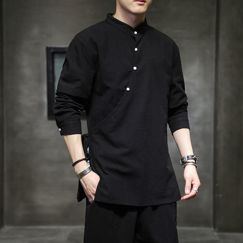 Buddha Stones無地 レースアップ シンプル ボタンデザイン メンズ 長袖 コットン リネン シャツ 服 - image 7
