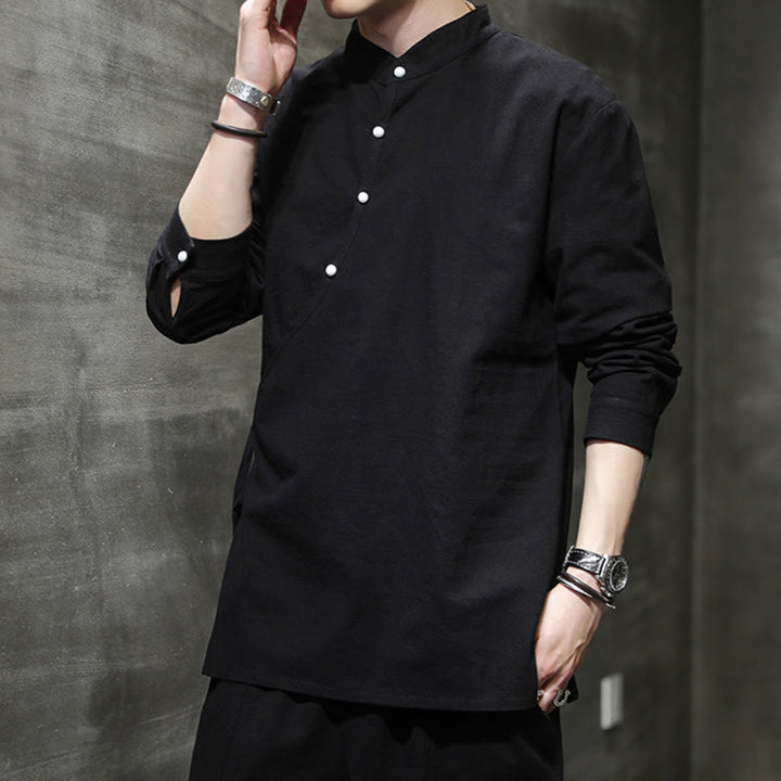 Buddha Stones無地 レースアップ シンプル ボタンデザイン メンズ 長袖 コットン リネン シャツ 服 - image 1