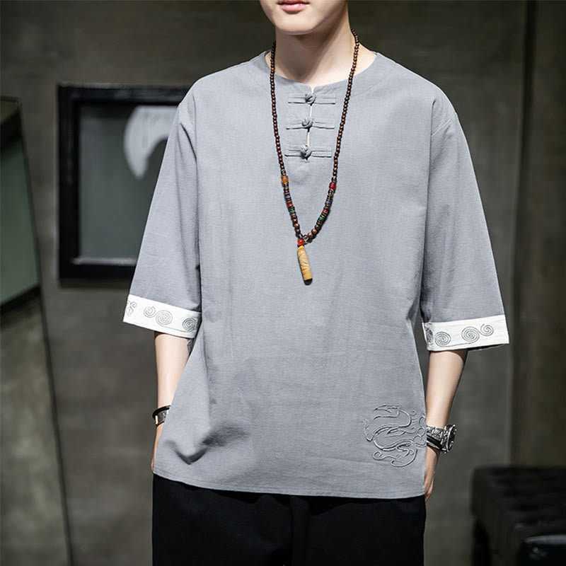 Buddha Stones夏 刺繍 無地 カエルボタン メンズ クルーネック 半袖 コットン リネン シャツ 衣類 - 銀 - US/UK/AU46、 EU56 (5XL) - image 0