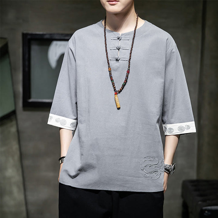 Buddha Stones夏 刺繍 無地 カエルボタン メンズ クルーネック 半袖 コットン リネン シャツ 衣類 - 銀 - US/UK/AU46、 EU56 (5XL) - image 0