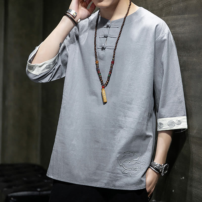 Buddha Stones夏 刺繍 無地 カエルボタン メンズ クルーネック 半袖 コットン リネン シャツ 衣類 - image 7