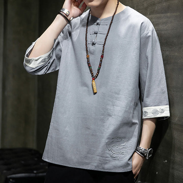 Buddha Stones夏 刺繍 無地 カエルボタン メンズ クルーネック 半袖 コットン リネン シャツ 衣類 - image 7