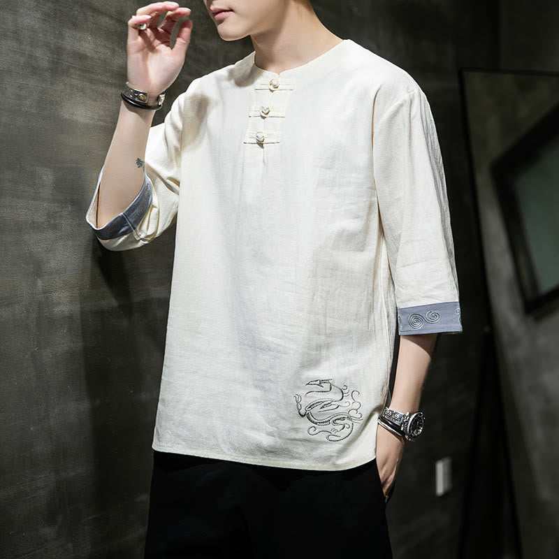 Buddha Stones夏 刺繍 無地 カエルボタン メンズ クルーネック 半袖 コットン リネン シャツ 衣類 - image 11