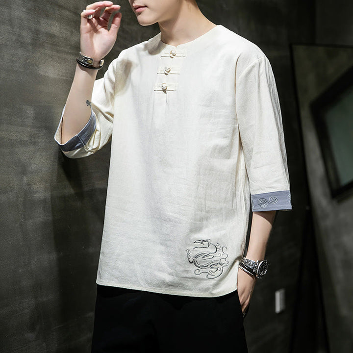 Buddha Stones夏 刺繍 無地 カエルボタン メンズ クルーネック 半袖 コットン リネン シャツ 衣類 - image 11