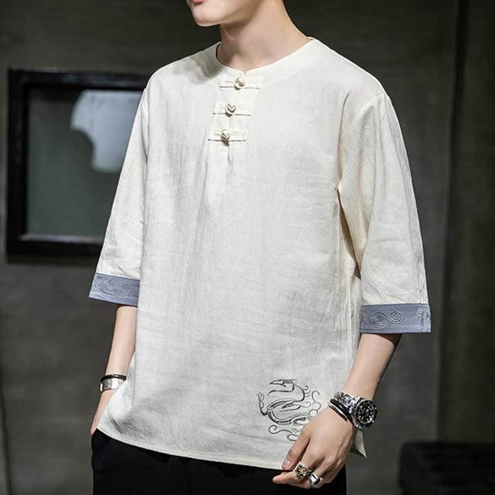 Buddha Stones夏 刺繍 無地 カエルボタン メンズ クルーネック 半袖 コットン リネン シャツ 衣類 - image 10