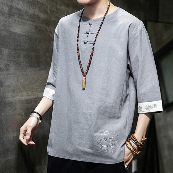 Buddha Stones夏 刺繍 無地 カエルボタン メンズ クルーネック 半袖 コットン リネン シャツ 衣類 - image 8