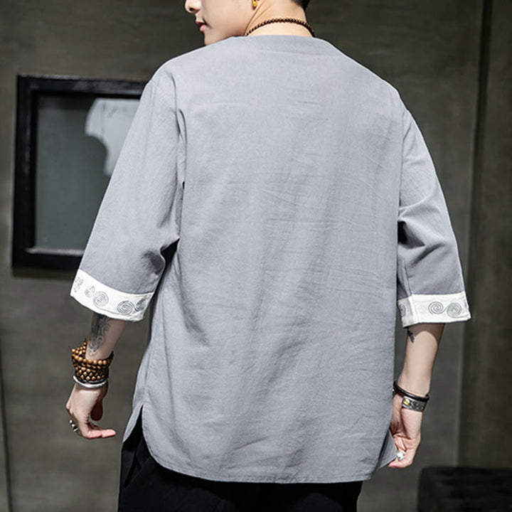 Buddha Stones夏 刺繍 無地 カエルボタン メンズ クルーネック 半袖 コットン リネン シャツ 衣類 - image 6