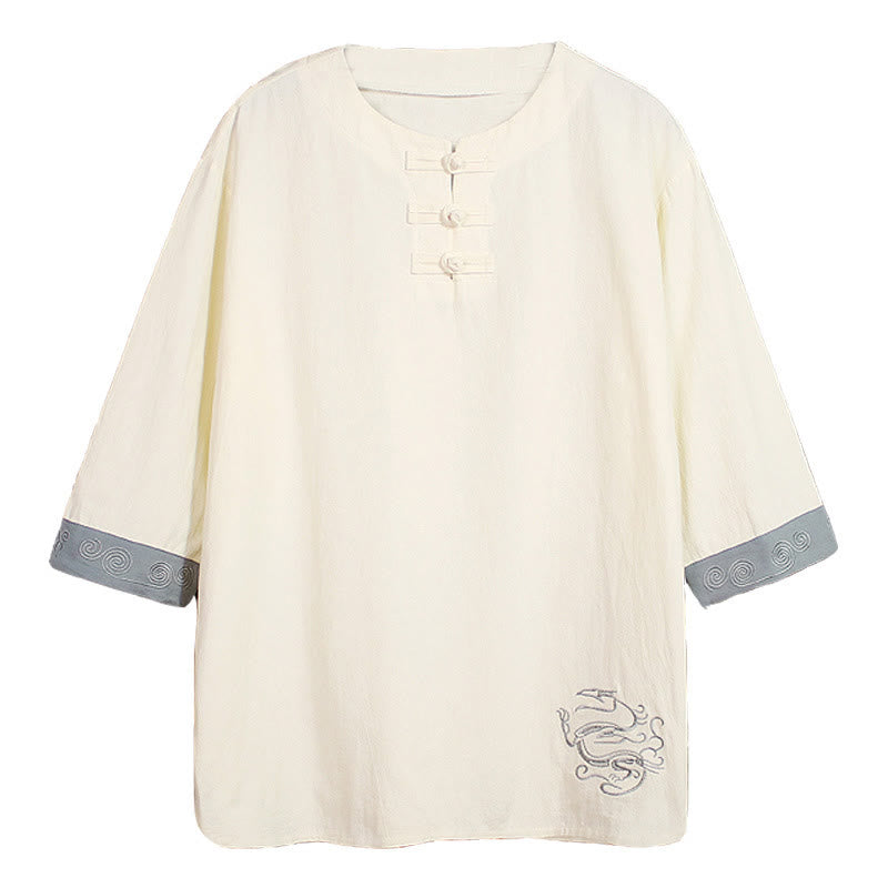 Buddha Stones夏 刺繍 無地 カエルボタン メンズ クルーネック 半袖 コットン リネン シャツ 衣類 - image 18