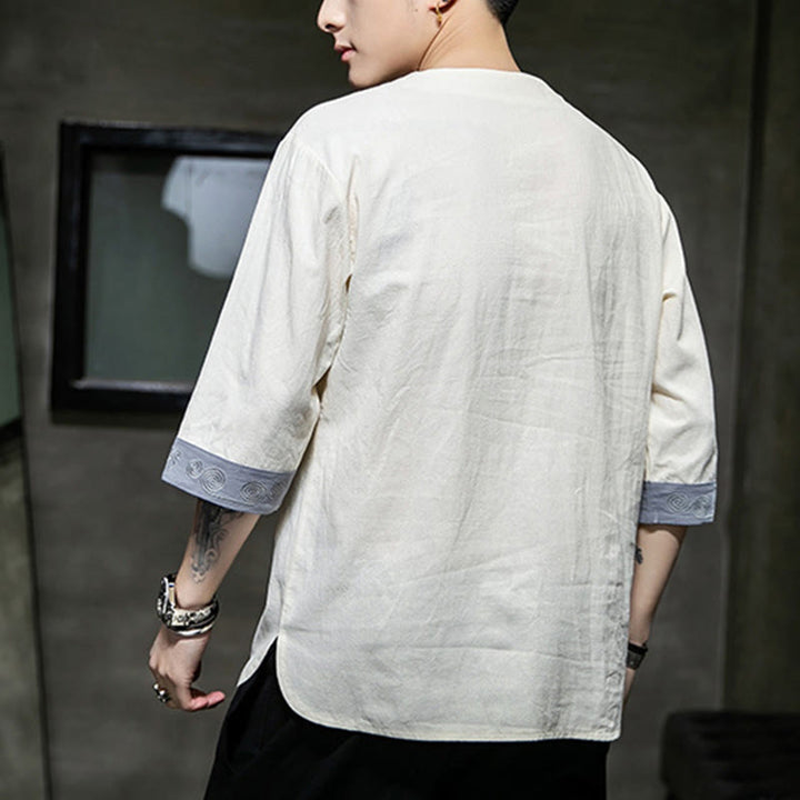 Buddha Stones夏 刺繍 無地 カエルボタン メンズ クルーネック 半袖 コットン リネン シャツ 衣類 - image 15