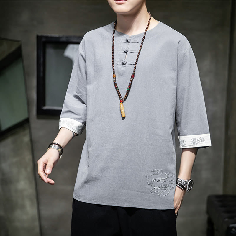 Buddha Stones夏 刺繍 無地 カエルボタン メンズ クルーネック 半袖 コットン リネン シャツ 衣類 - image 2