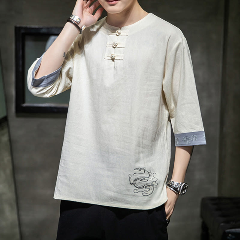 Buddha Stones夏 刺繍 無地 カエルボタン メンズ クルーネック 半袖 コットン リネン シャツ 衣類 - image 14